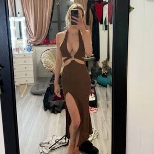 Sculpting Brown Halter Cutout High-Slit Maxi Dress